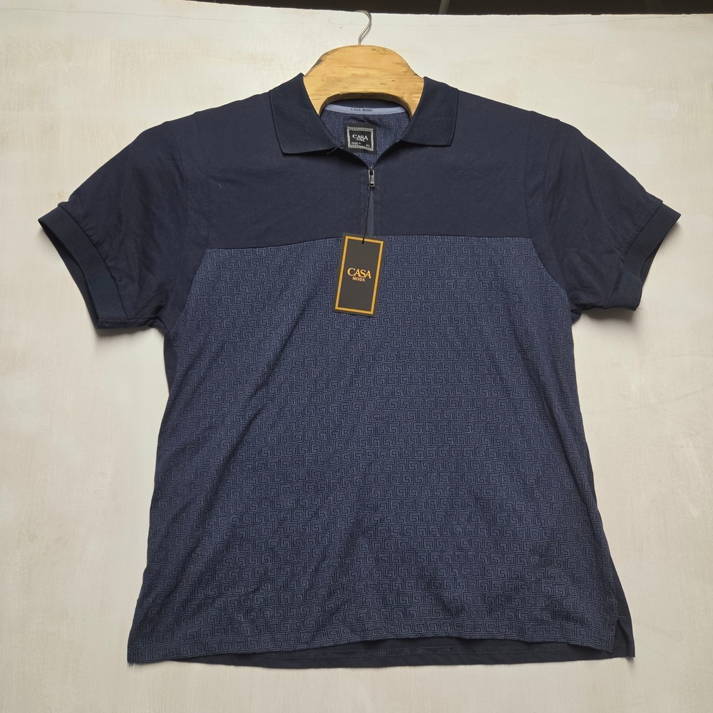 Casa Moda Mens XL Navy Blue Greek Key Pattern Quarter Zip Polo Shirt NWT